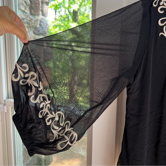 Alfani M Black Top with Embroidery, Crochet Lace and Beading mesh sleeves - Picture 7 of 8